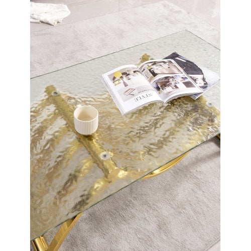 47 Rectangle Modern Stainless Steel Coffee Table, Water Ripple Tempered Glass Coffee Table, Center Table, For Living Room Home Office, Easy Assembly, Gold