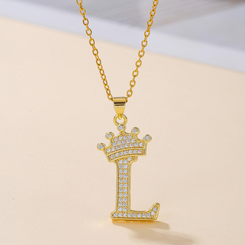 1PCS Fashionable Gold Diamond Crown Uppercase Letter Popular Pendant Necklace, Suitable For Daily Use, Festivals, Parties, Gifts Jewelry Set
