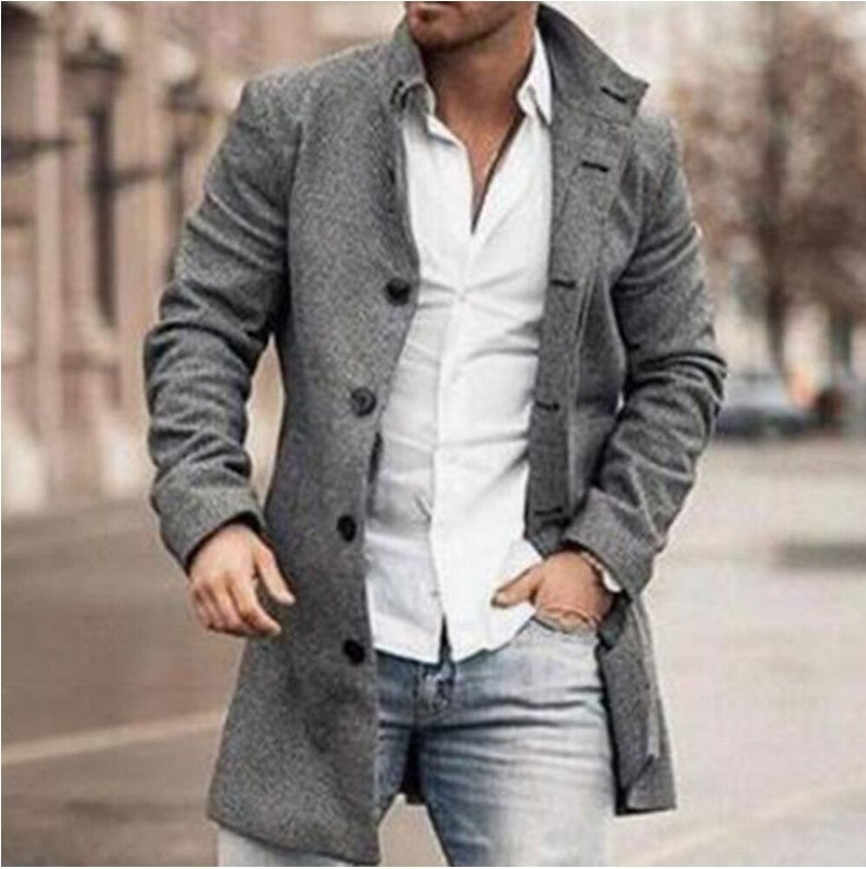 New Men's Woolen Stand Collar Mid-Length Casual Coat with Pockets