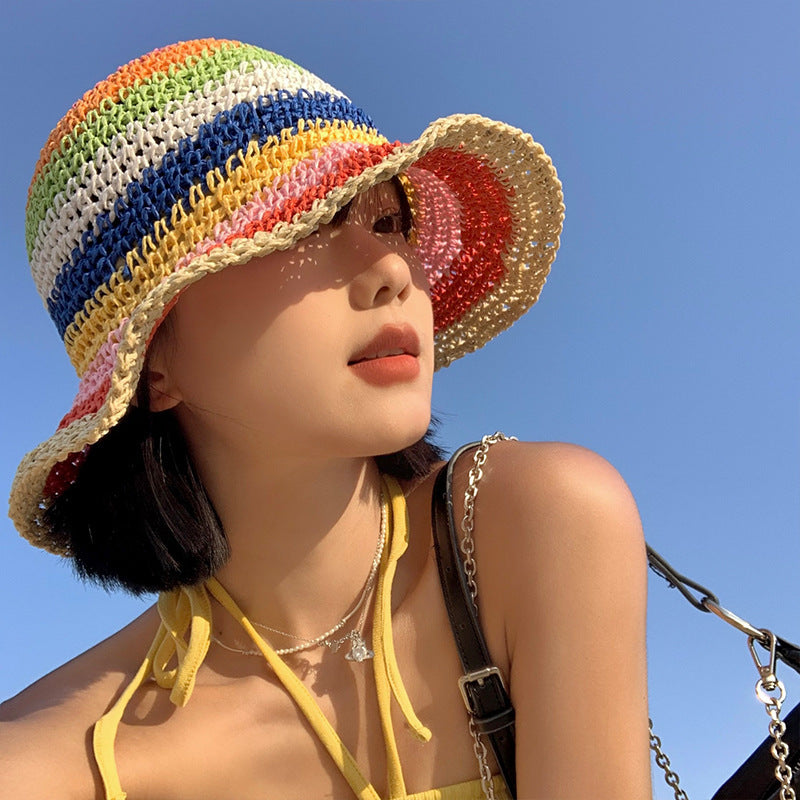 Rainbow Straw Bucket Hat Women's Summer Breathable Sun-Proof Sun Protection