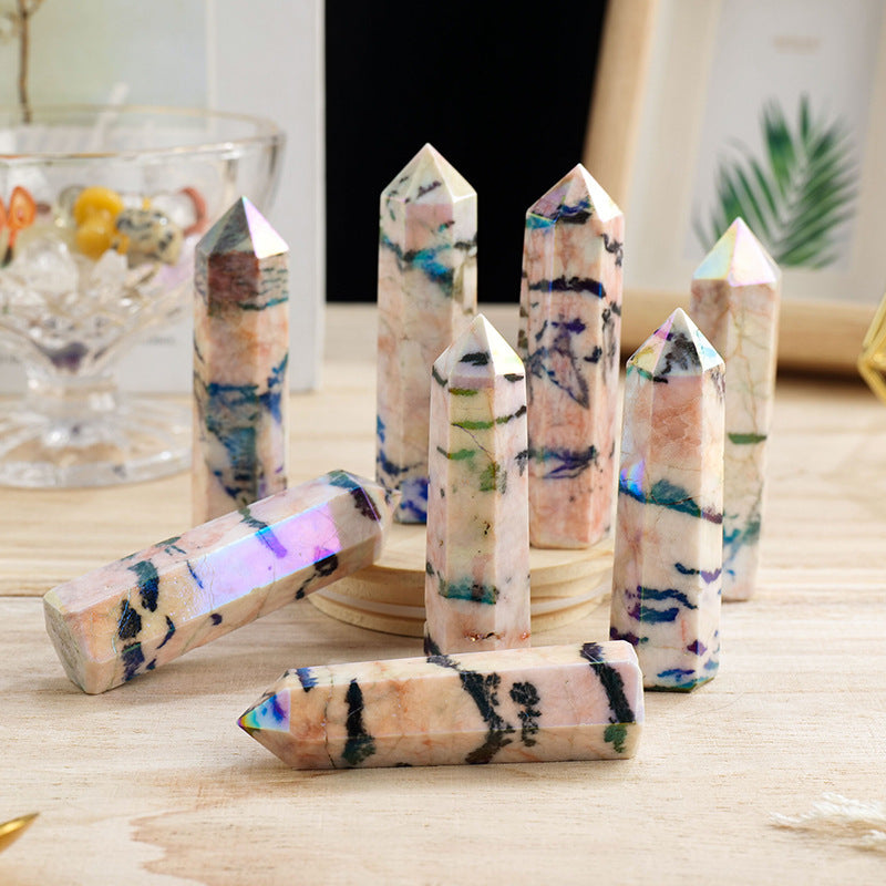 Natural Crystal Electroplated Zebra Stone Hexagonal Prism