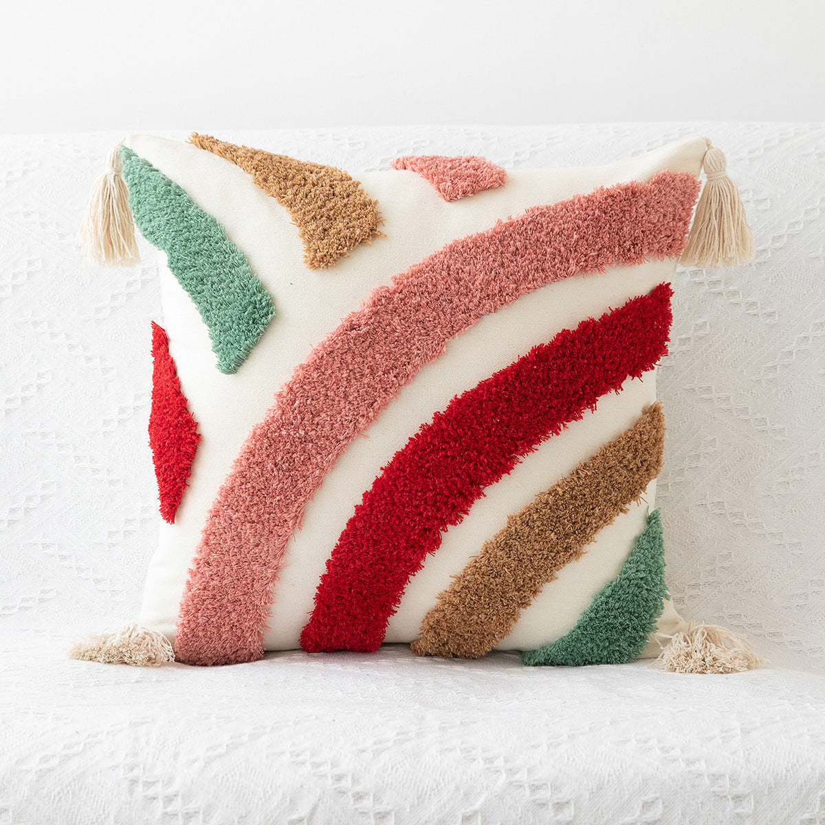 Hand-Woven Craft Tufted Colorful Red Pillowcase