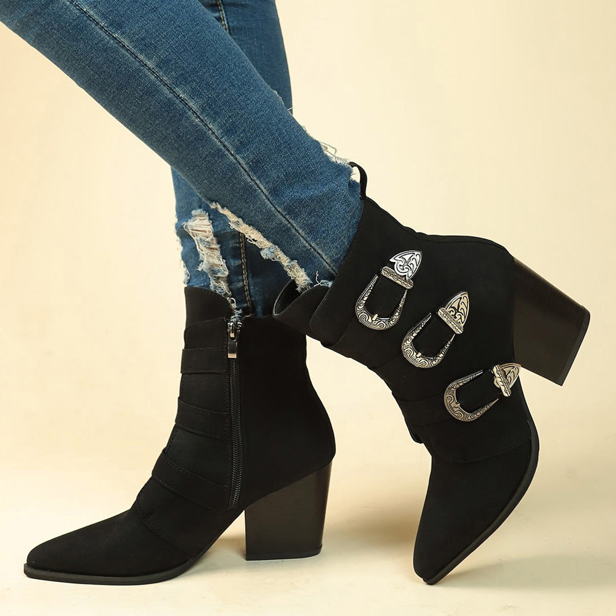 Chunky Heel Pointed Toe Boots With Belt Buckle Design Retro Mid-Calf Boot Fashion Fall Winter Shoes For Women