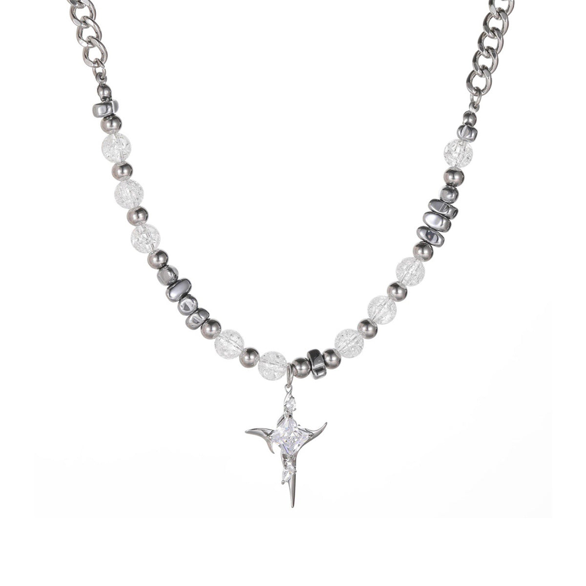 Irregular Cross Necklace Ice Crack Beads Titanium Steel