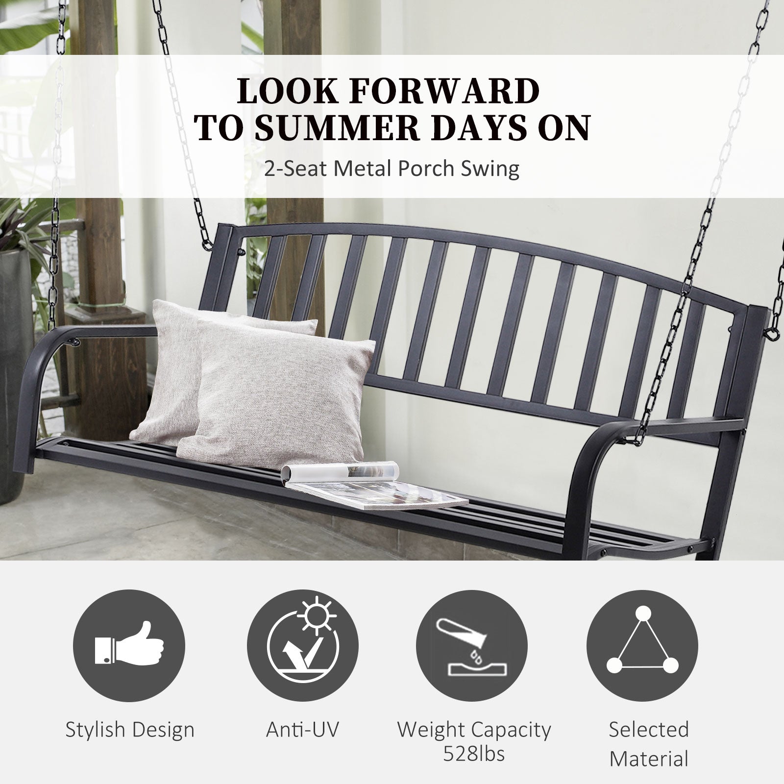 2 Person Front Porch Swing Patio Swing Bench, Outdoor Steel Swing Chair With Sturdy Chains, For Backyard, Deck, 528 Lb Weight Capacity, Black