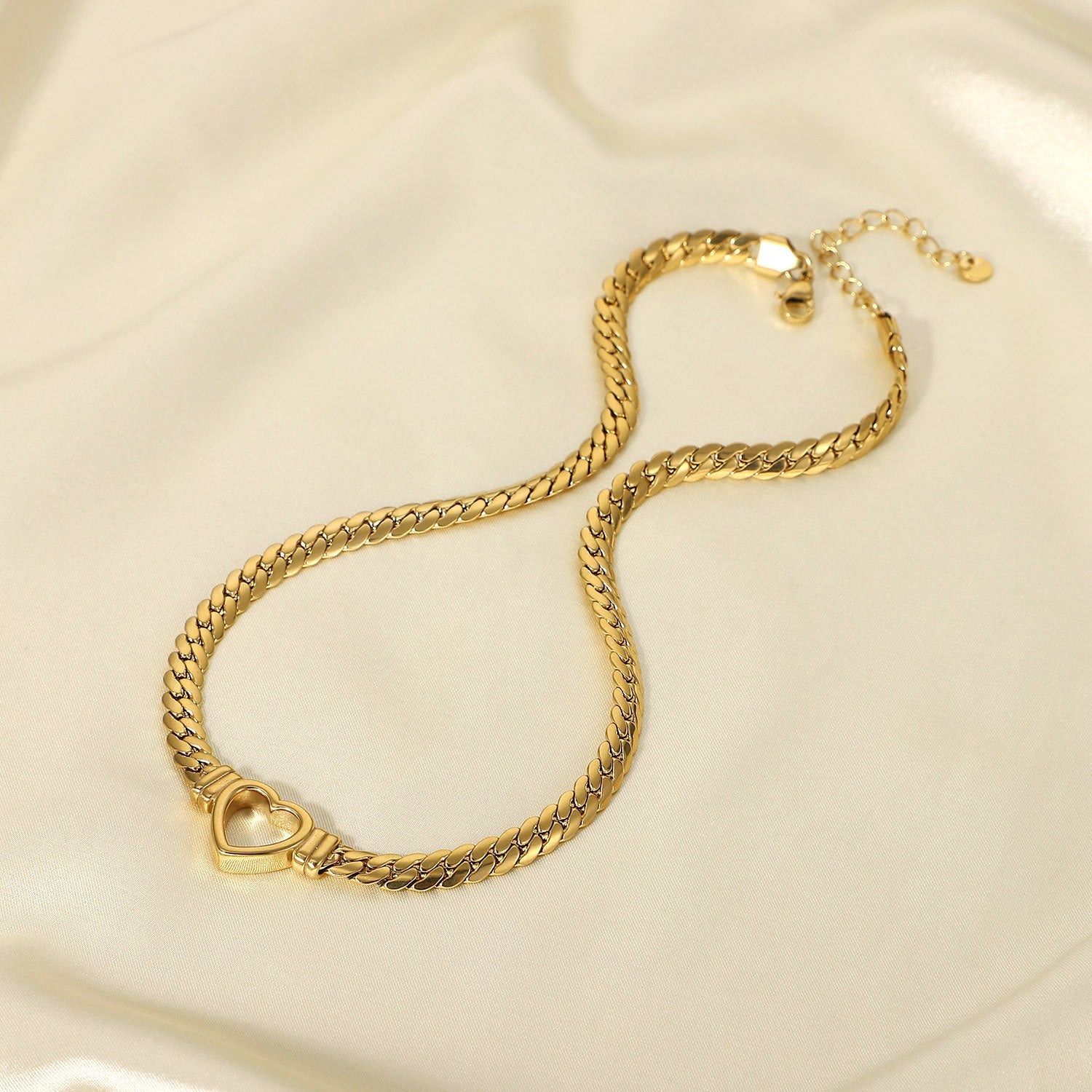 Stainless Steel Cuban Chain Heart Necklace 14K