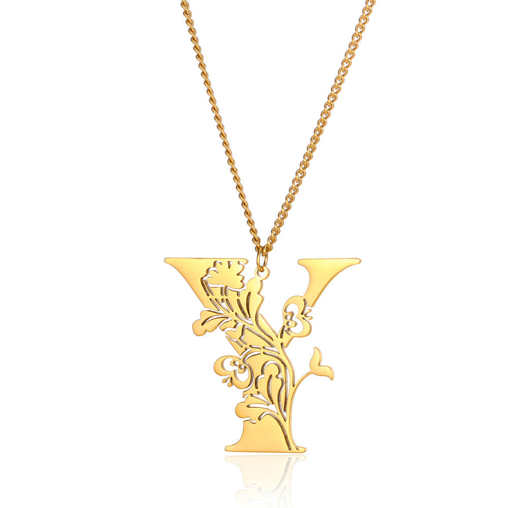 Stainless Steel 26 English Flower Letter Necklace
