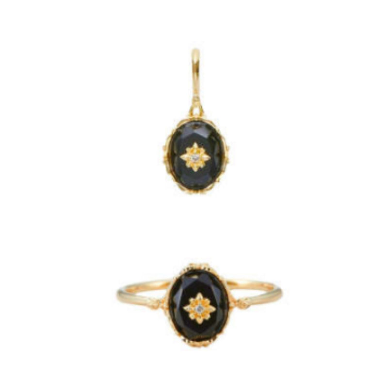 Natural Black Agate Flower Cut Ring