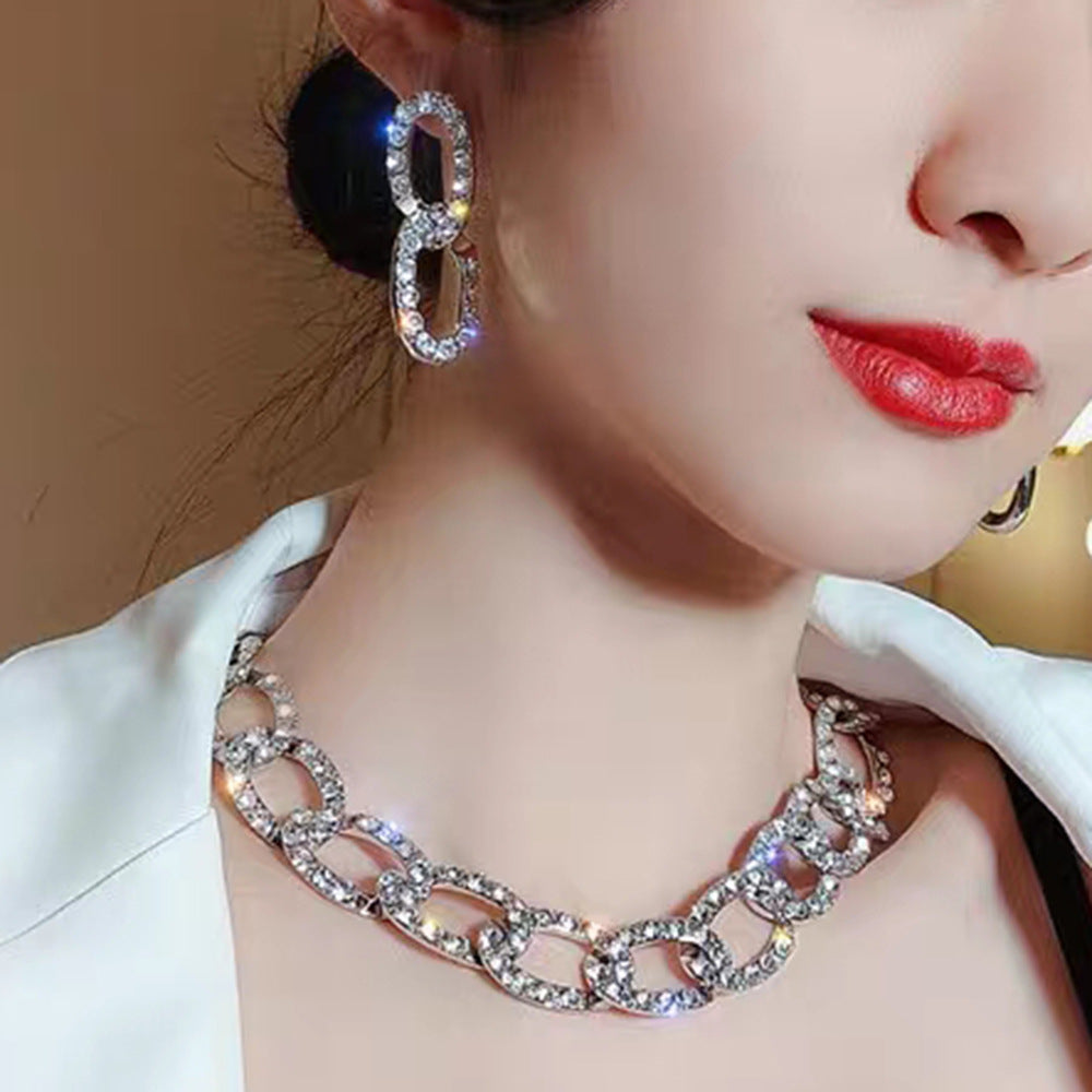 Creative Clavicle Chain with Full Drill Earrings