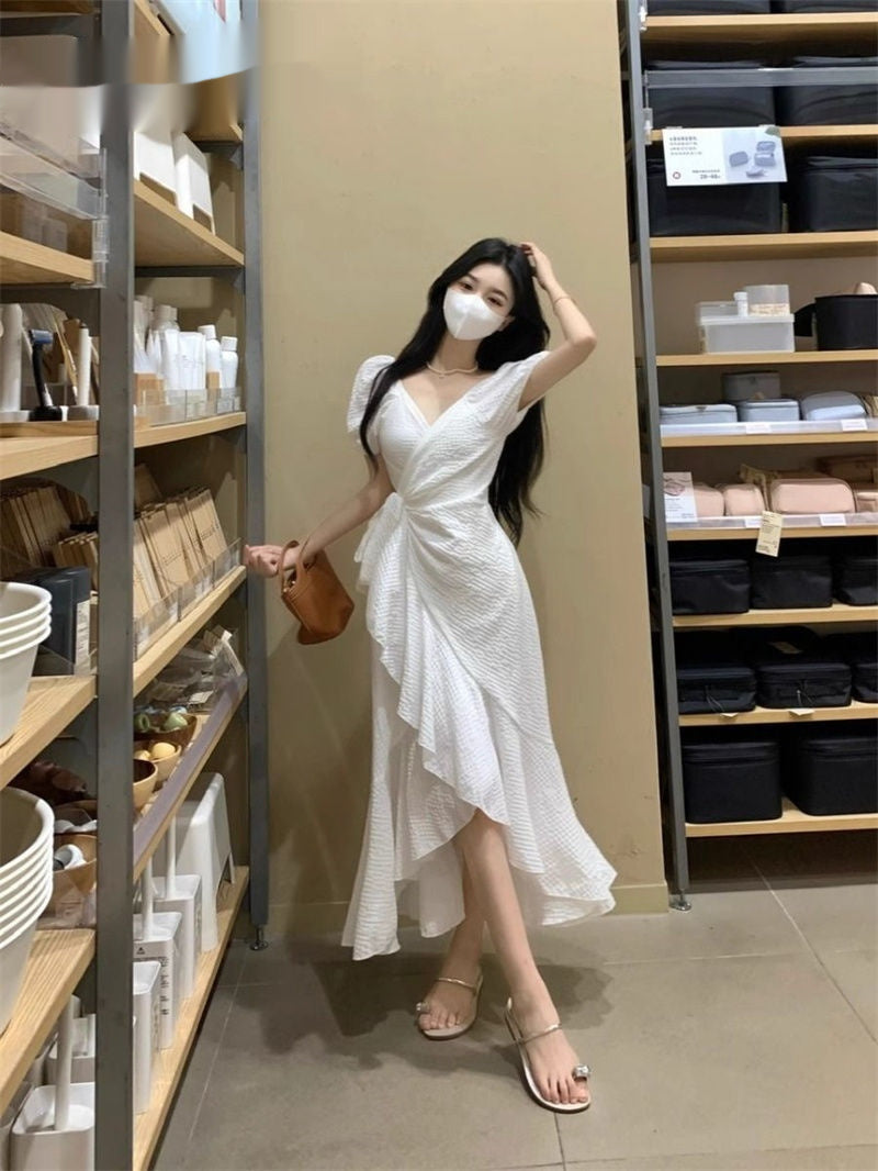 V-Neck Dress Degrees Women's Waist Irregular Ruffled