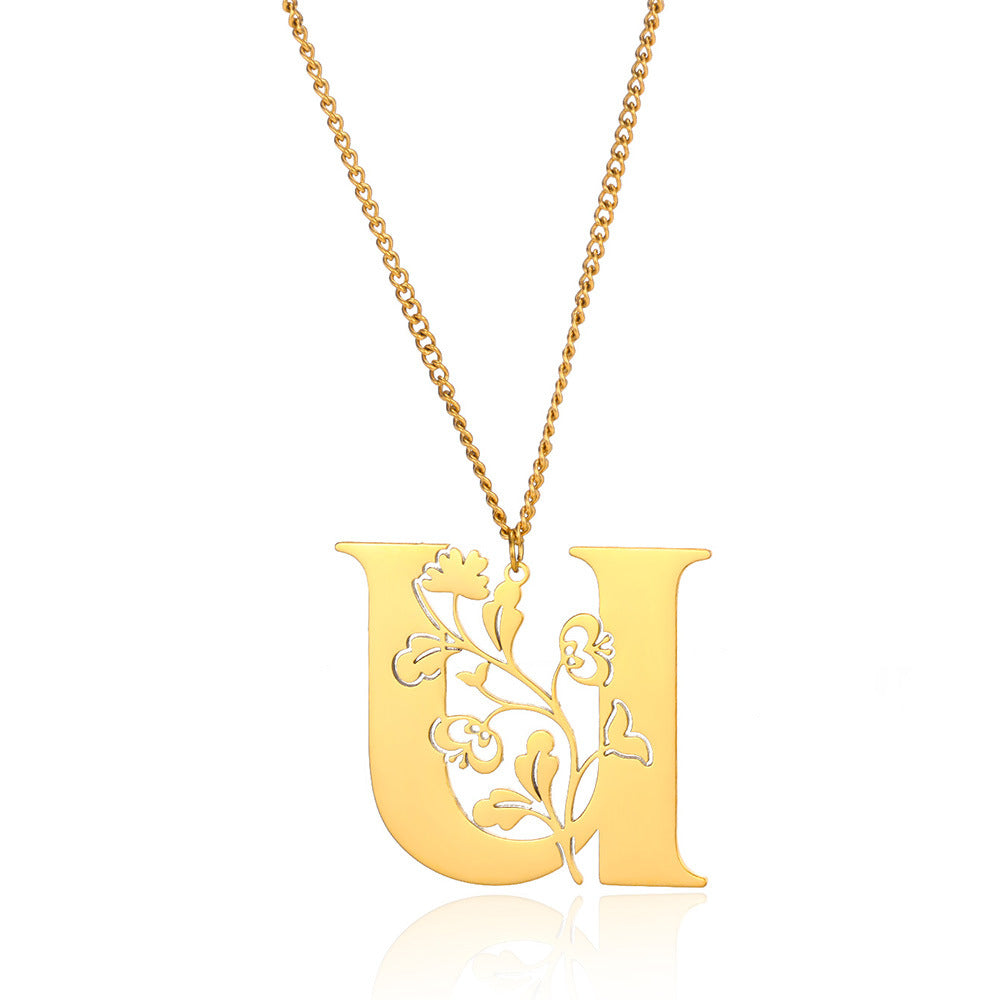 Stainless Steel 26 English Flower Letter Necklace