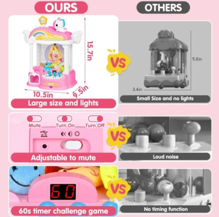 Girl's Mini Claw Machine, 40.64cm Unicorn Toy Suitable For Children Aged 6-8, Arcade Game Toy Vending Machine, With LED Lights And Adjustable Sound Gift