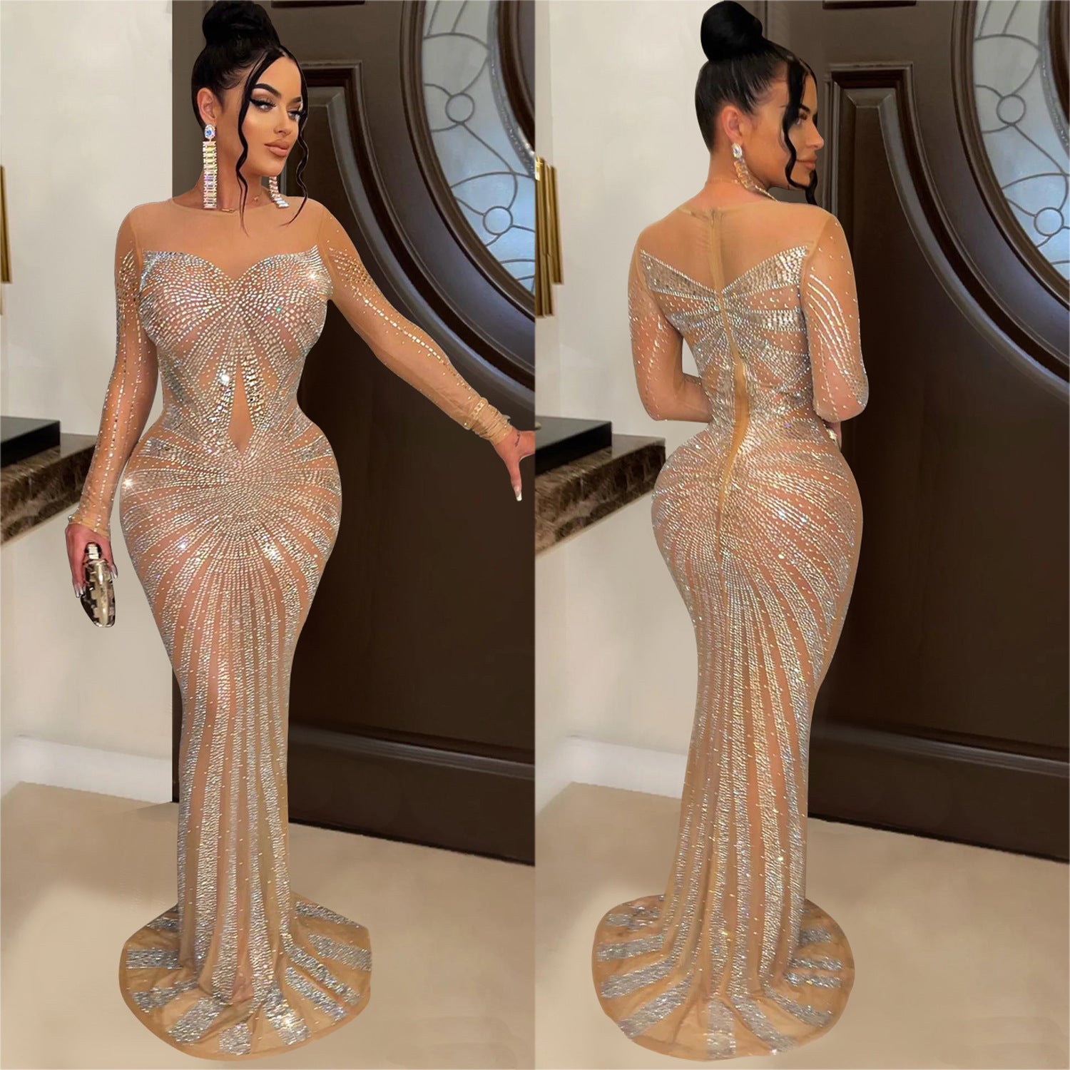 Women's Solid Color Mesh See-through Hot Drill Long-Sleeved Long Dress