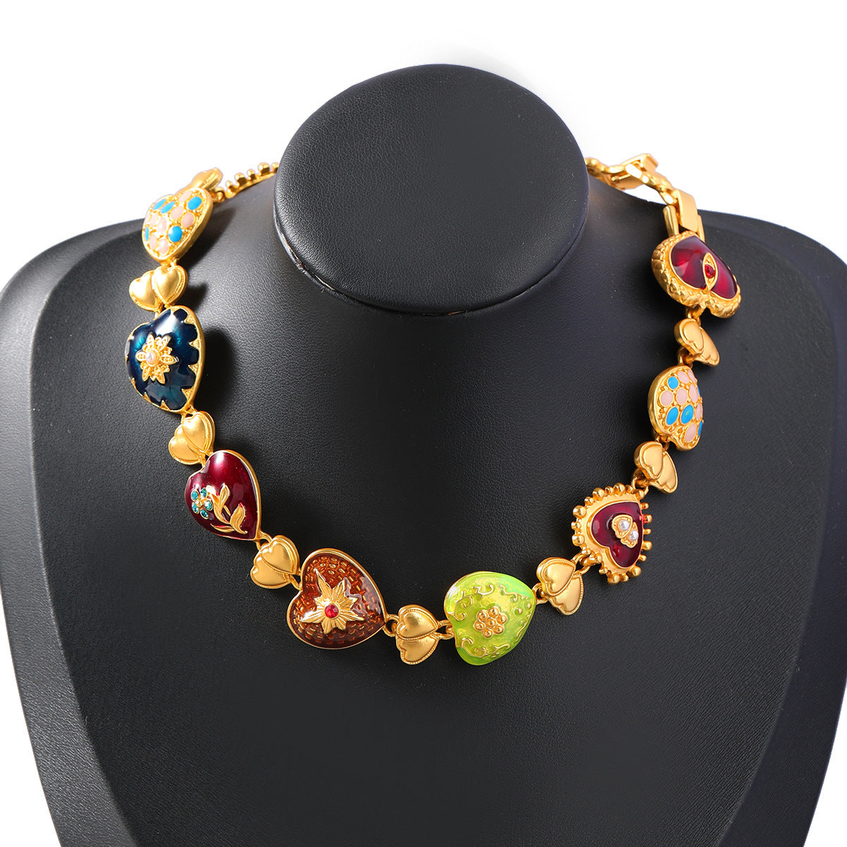 Heart-Shaped Necklace Alloy Drop Oil Necklace Multi-Layer Love Flower