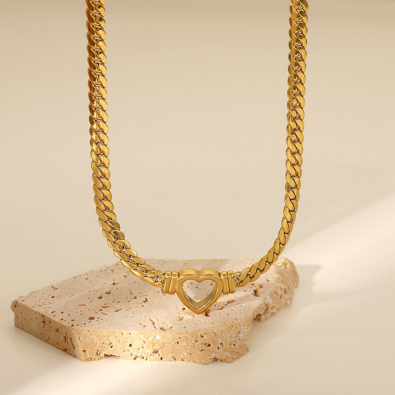Stainless Steel Cuban Chain Heart Necklace 14K