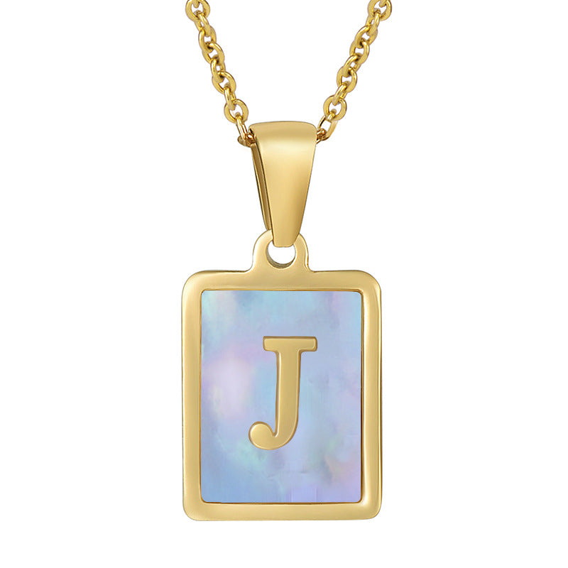 Titanium Steel 26 English Letter Necklace Blue Shell