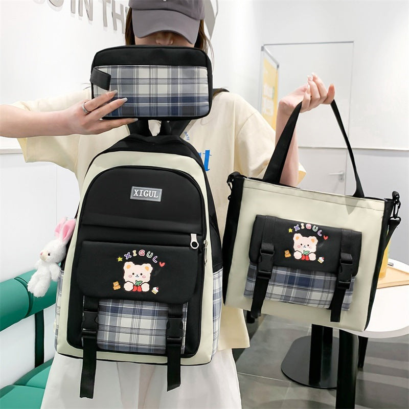 Large Capacity High School Plaid Three-Piece Set Junior High School Student Elementary School Studebt Backpack