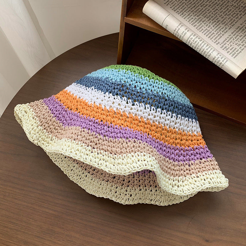 Rainbow Straw Bucket Hat Women's Summer Breathable Sun-Proof Sun Protection