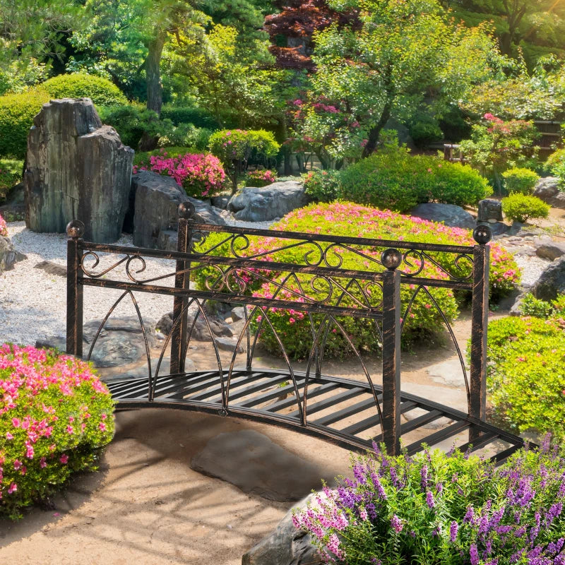 Metal Arch Zen Garden Bridge With Safety Siderails, Decorative Footbridge, Delicate Scrollwork & Corner Spheres For Stream, Fish Pond, Bronze