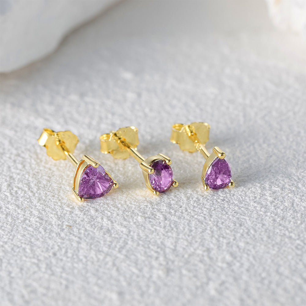 S925 Sterling Silver Purple Cluster Heart-Shaped Diamond Stud Earrings