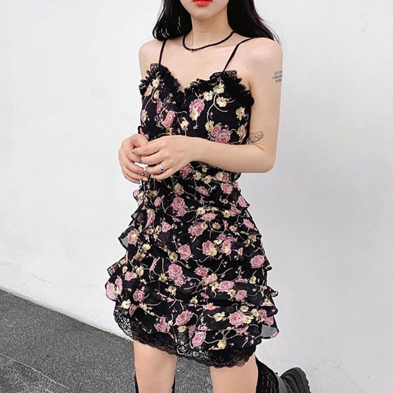 Irregular Suspender Dress With Floral Fungus