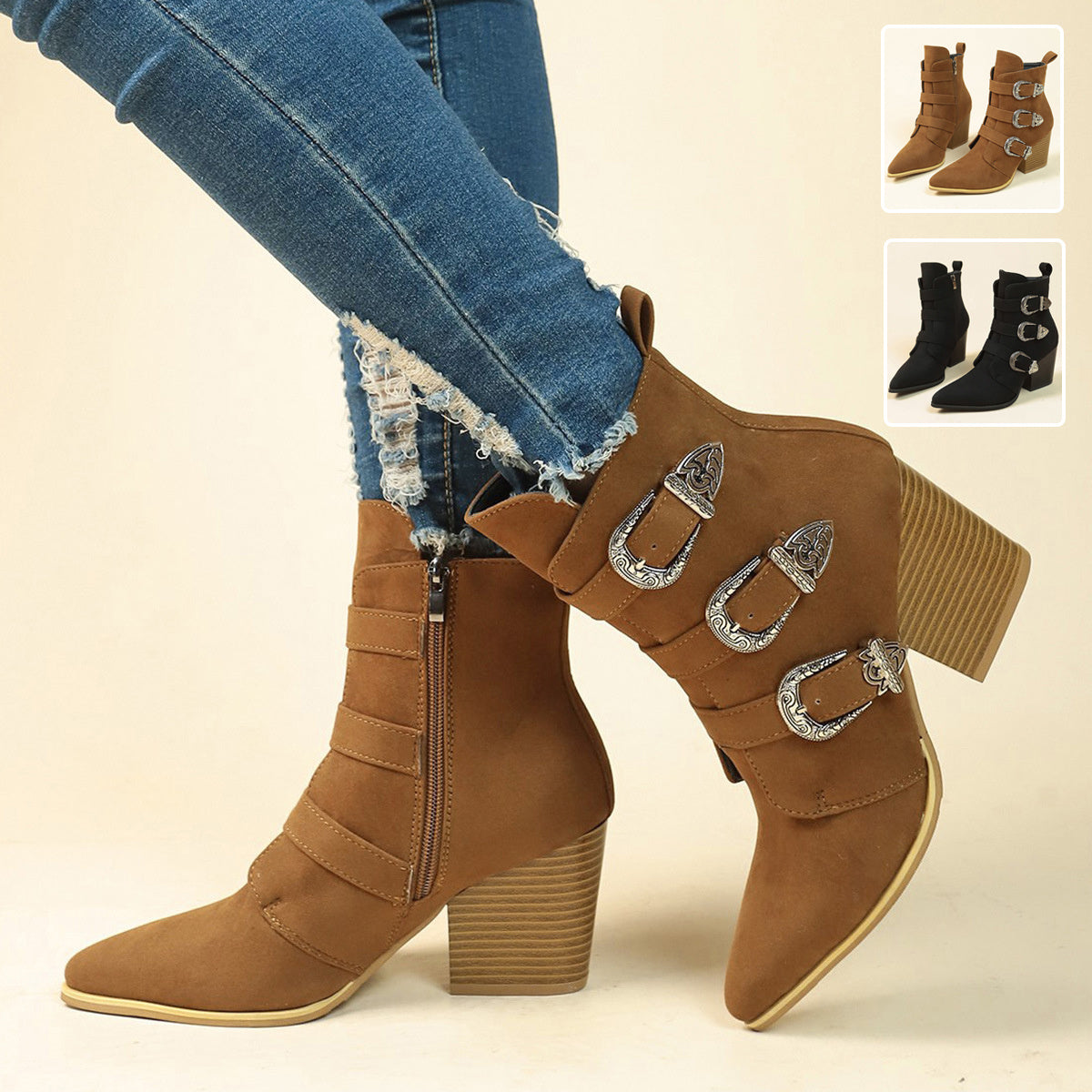 Chunky Heel Pointed Toe Boots With Belt Buckle Design Retro Mid-Calf Boot Fashion Fall Winter Shoes For Women