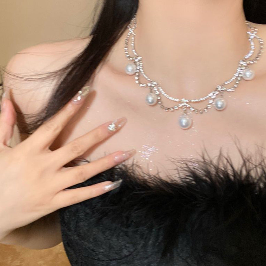 New Rhinestone Pearl Tassel Double-Layer Necklace