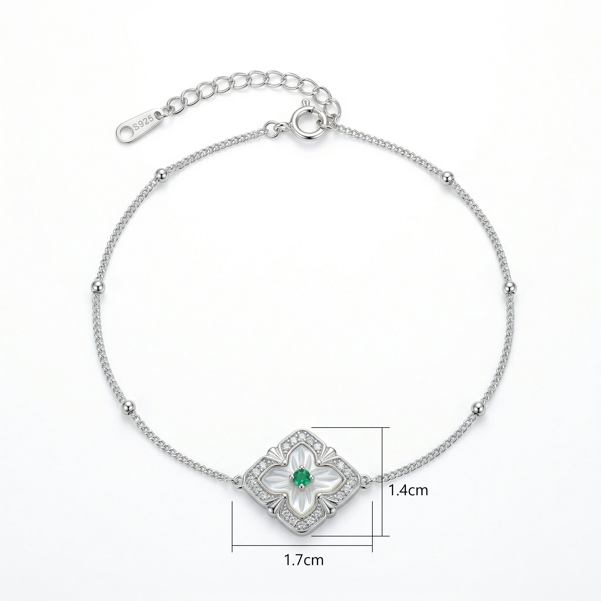 925 Sterling Silver Elegant Sterling Silver Clover Bracelet with Mother of Pearl and Green Gemstone