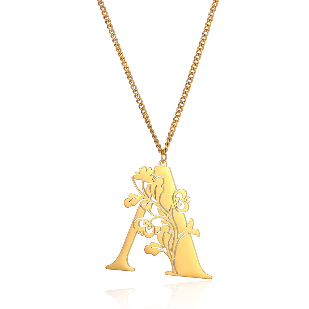 Stainless Steel 26 English Flower Letter Necklace