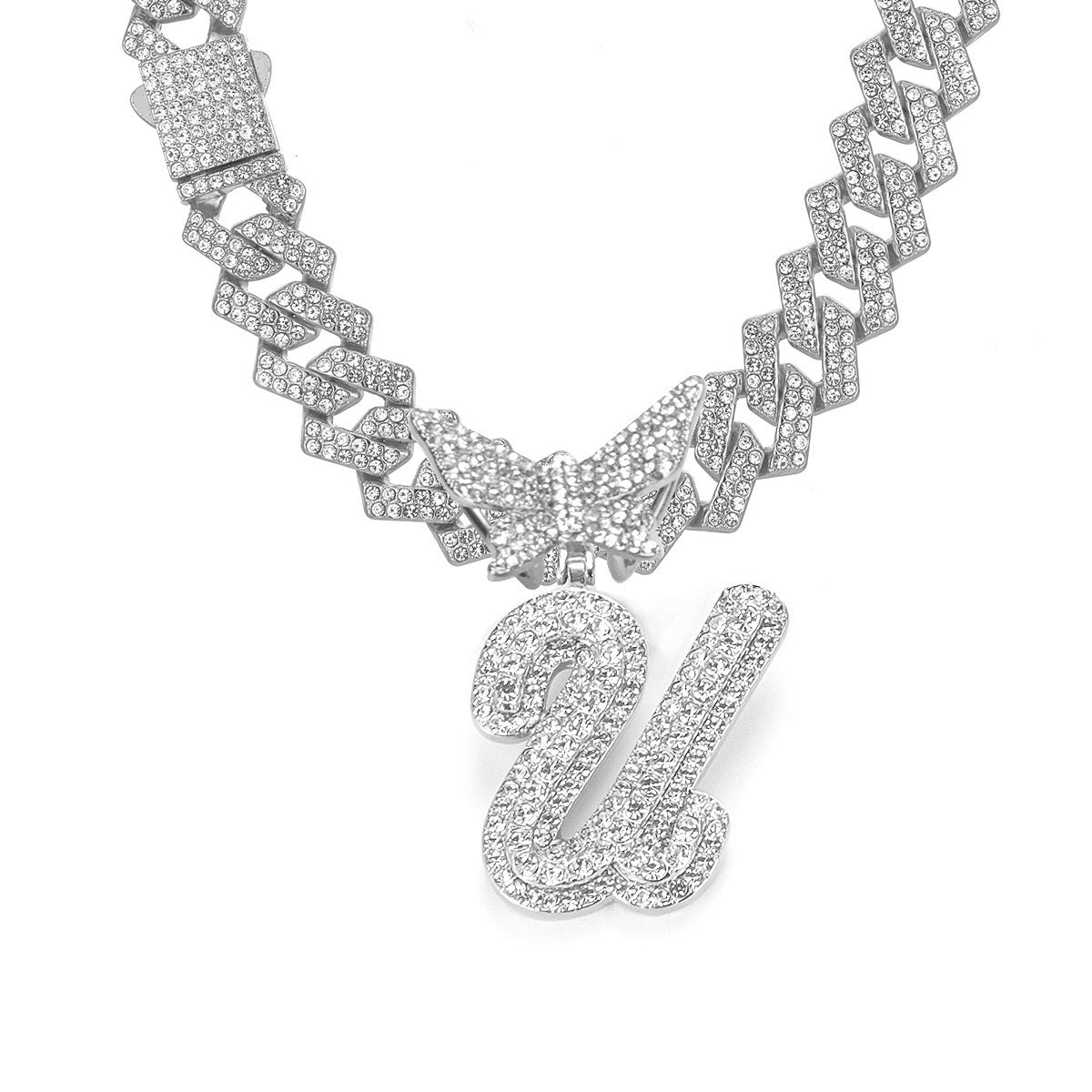 English Letter Alloy Rhinestone Pendant Necklace Butterfly
