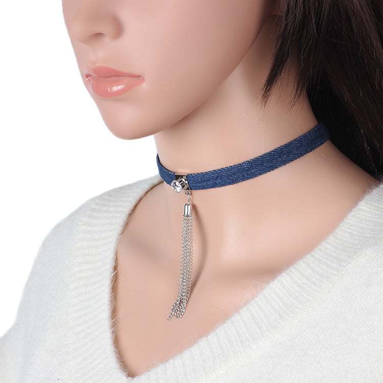 Hot Sale Blue Denim Jean Choker Long Chain Family