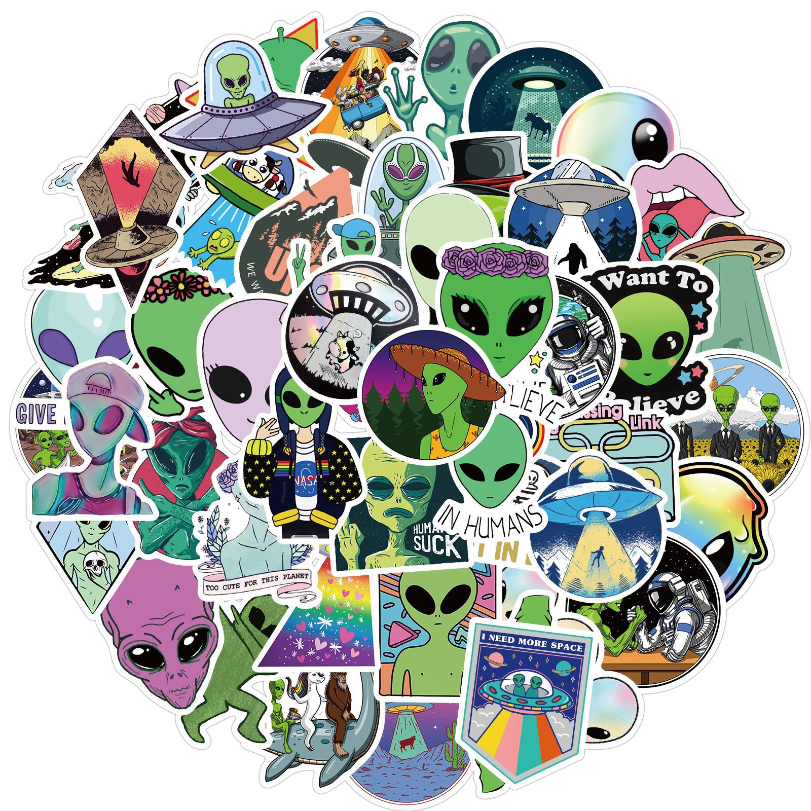 50 New Alien E.T UFO Graffiti Stickers Luggage Laptop Waterproof Without Leaving Glue Stickers