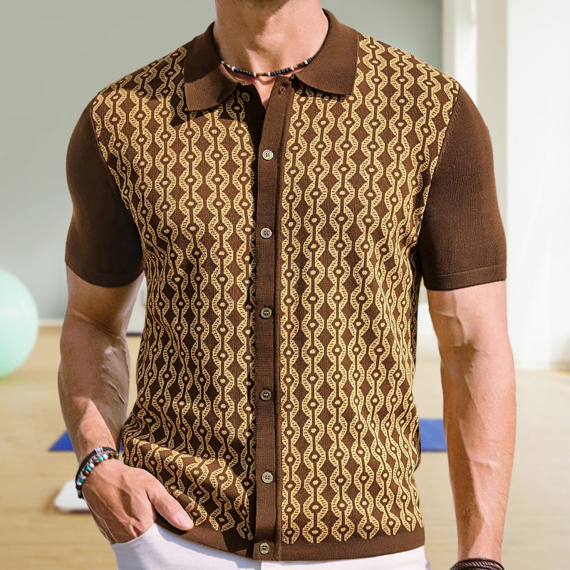 Summer Tencel Short-Sleeved Sweater Lapel Jacquard Cardigan for Men