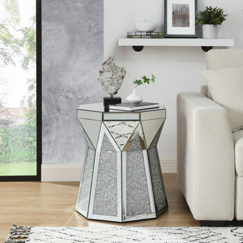Drum Style Coffee Table With Mirror Crystal Inlay, Polygonal Silver Decorative Table, Modern Design Luxury Modern Furniture, 20 Inch About 50 Centimeters Low Coffee Table, Suitable For Living Room
