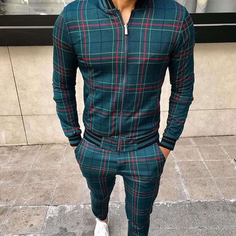 New Men's Leisure Suits Tracksuits Men Grid Two-Piece Patchwork Zipper Tracksuits Small Leg Trouser Sportswear New Man Sets