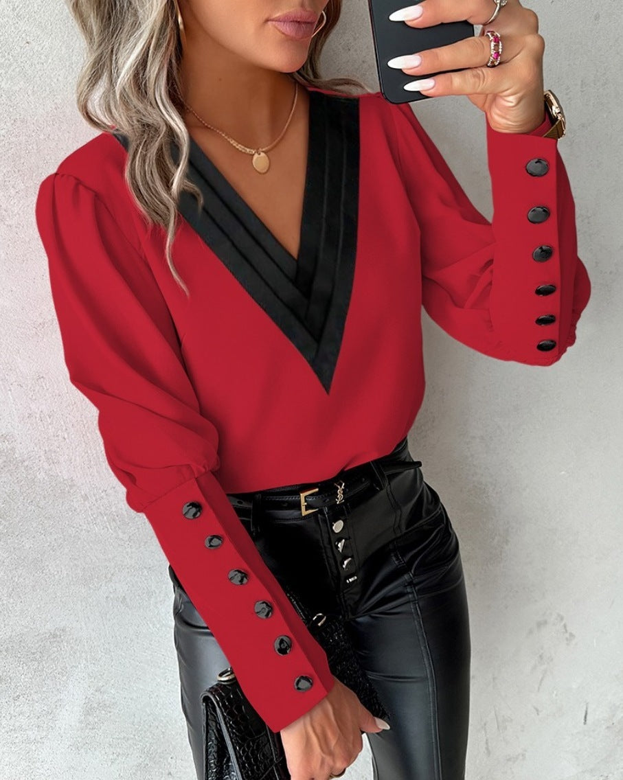 Fashion V-Neck Long Sleeve Blouse With Button Design Commuter Leisure Solid Shirt Top Womens Clothing