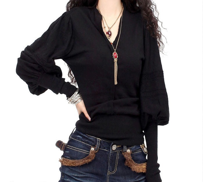 V-Neck Lantern Sleeve Sweater