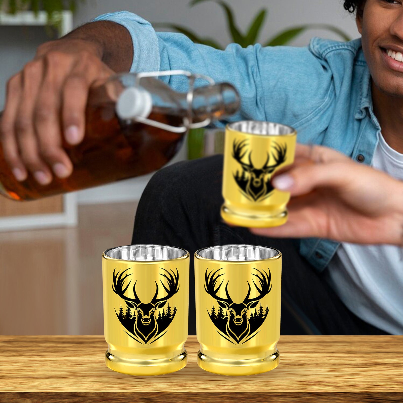 2pcs 50 Caliber Deer Head Golden Plastic Wine Glasses With Gift Box - Leak Proof, Reusable - Stylish Animal Print Design, Suitable For Whiskey, Tequila, Etc