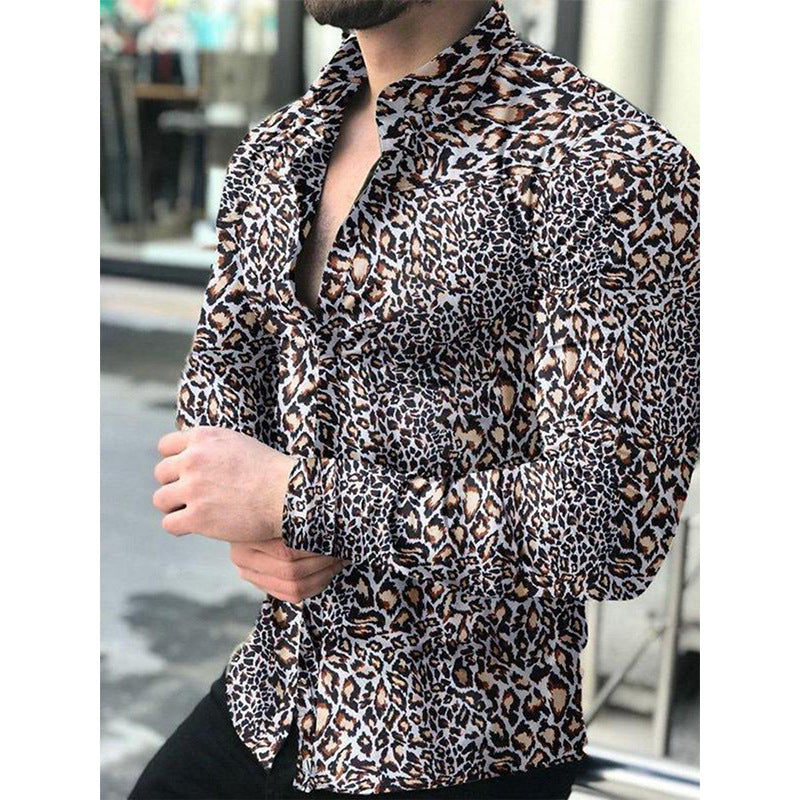 Men's Lapel Button Down Casual Print Long Sleeve Top