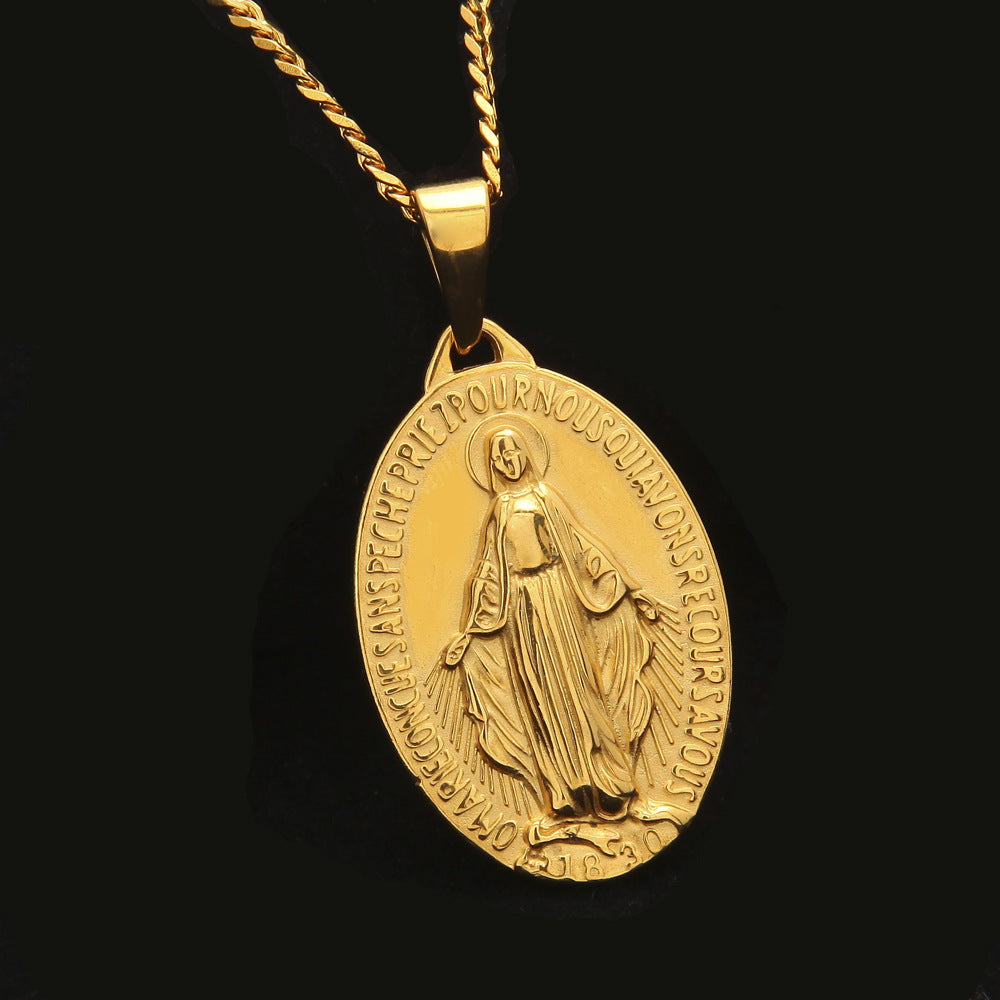 Oval Cross Virgin Pendant Gold-Plated Necklace