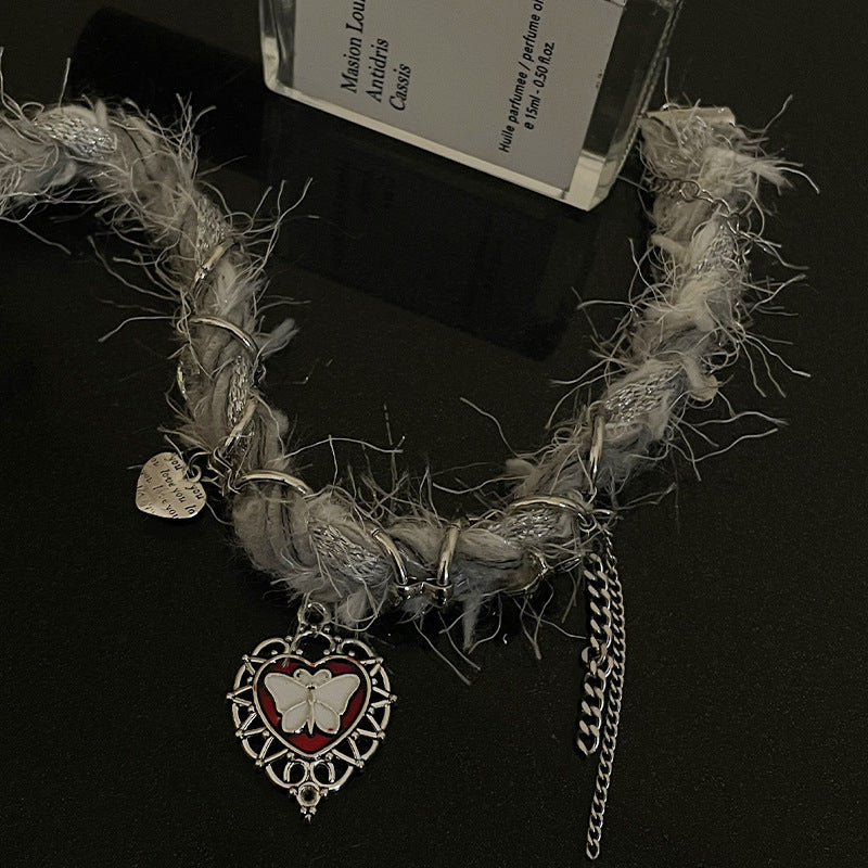 Heart Butterfly Tassel Plush Choker Necklace