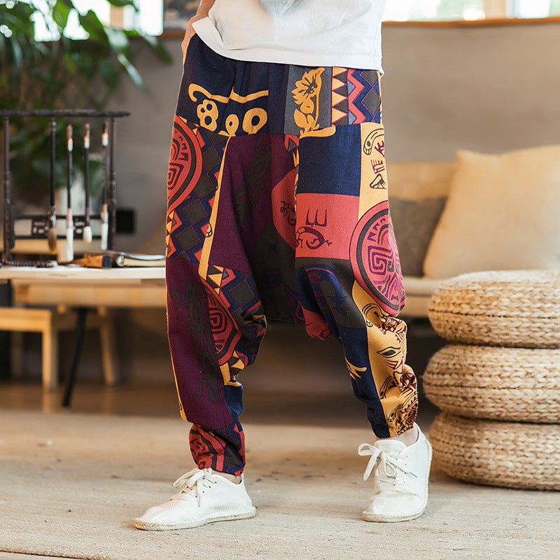 Chinese Style Printed Casual Pants Men Loose