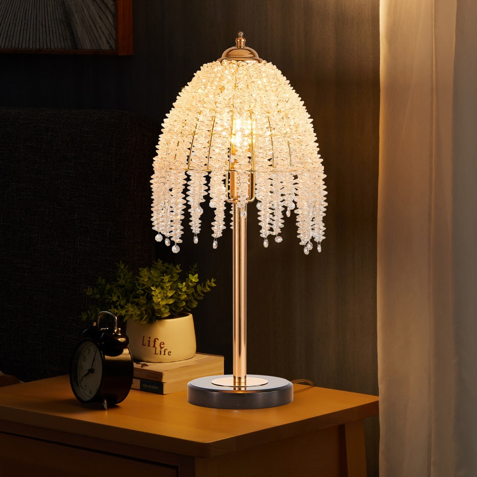 19inch H Elegant Crystal Table Lamp Vintage Waterfall Design With Crystal Bead String Shades And Marble Textured Base For Living Room, Bedroom, Or Office Bulb Not Included