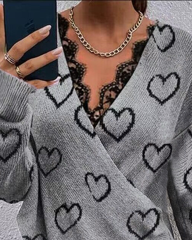 Lace Stitching Printed Long-Sleeved Top