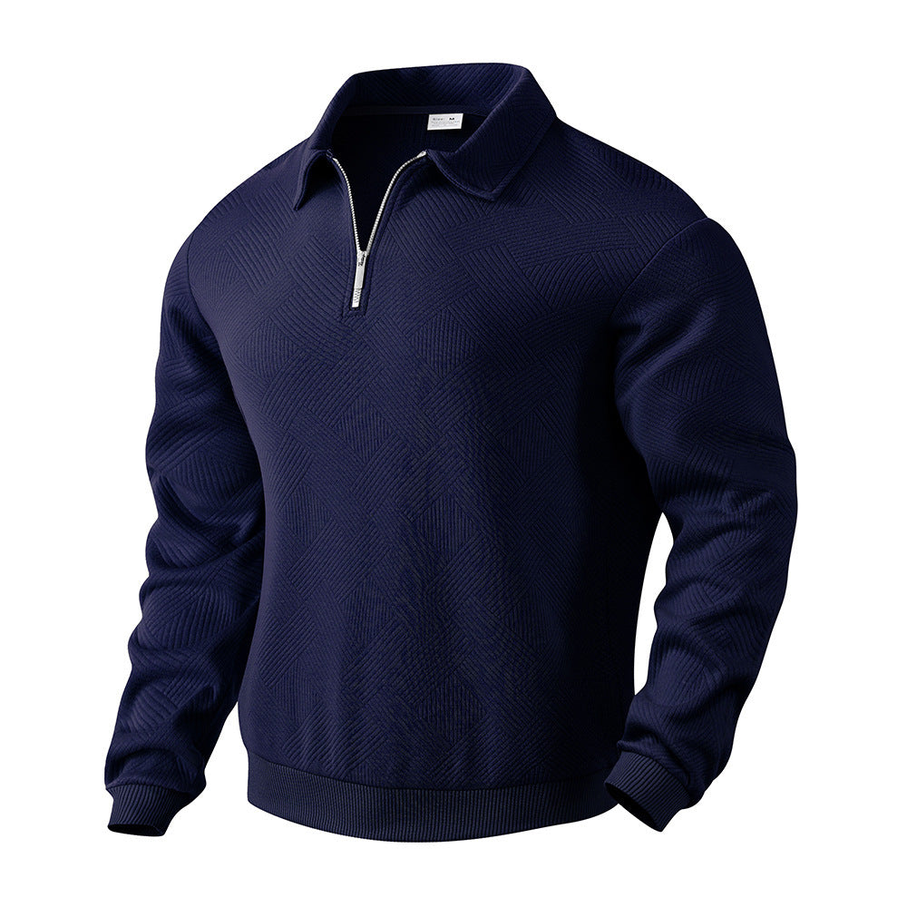 Lapel Jacquard Half-Zipper Sweatshirt Fashion Solid Color Long-Sleeved Tops For Men Clothing