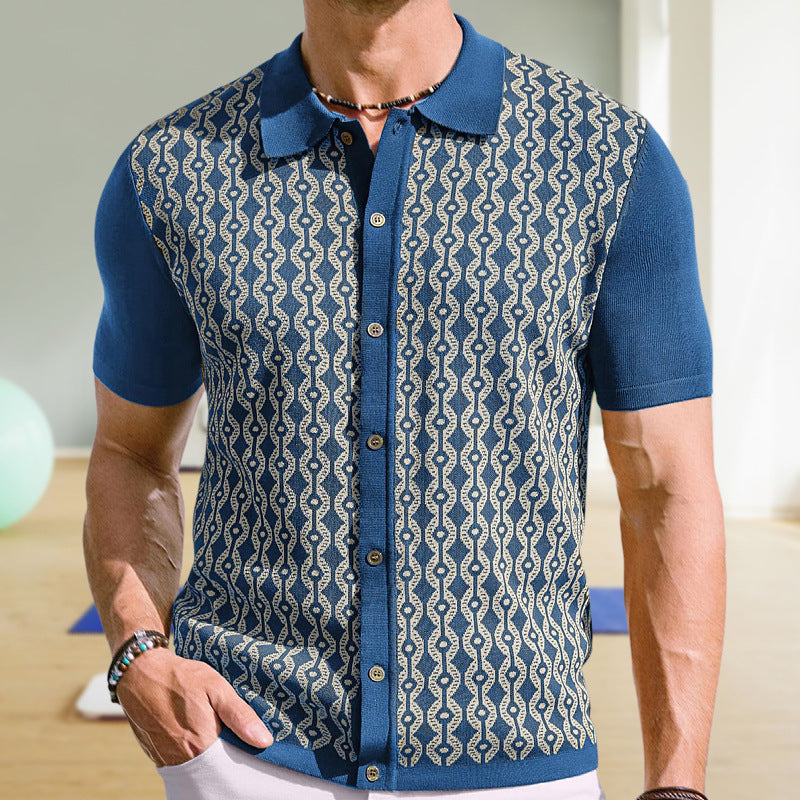 Summer Tencel Short-Sleeved Sweater Lapel Jacquard Cardigan for Men