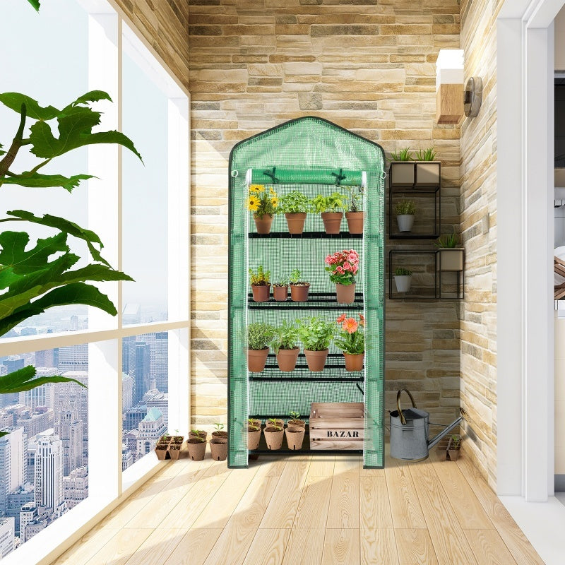 69x49x160cm PE Fabric Flower Room, Black Iron Pipe Pointed Mini Strip, 4-layer Grid Flower Rack With Zipper Roll Door