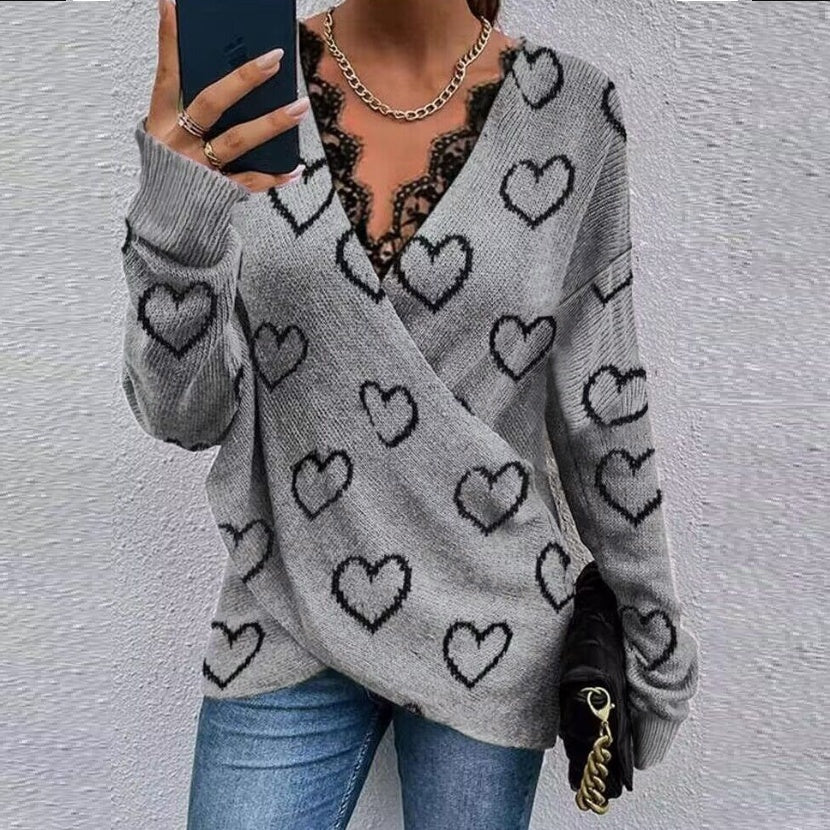 Lace Stitching Printed Long-Sleeved Top