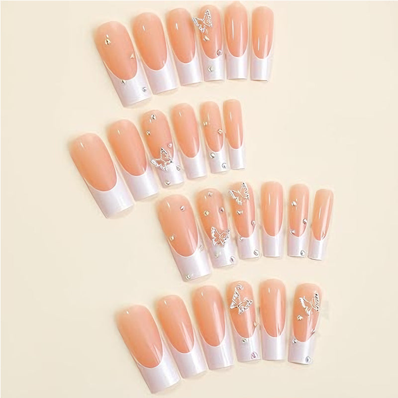 24 PCS Diamond Butterfly Nail Art, Long Length Long Water Pipe Fake Nails,Square Head Nail Tips False Nail
