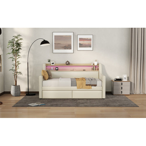 Twin Size Daybed With Storage Drawers, Upholstered Daybed With Charging Station And LED Lights, Beige